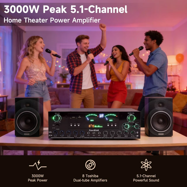 Alt view image 2 of 7 - 3000W Peak 5.1-Channel Home Audio Power Amplifier HiFi Stereo Amplifier with Subwoofer, 3 Microphone Inputs, USB/SD Card Reader, Remote Control for Karaoke & Home Theater