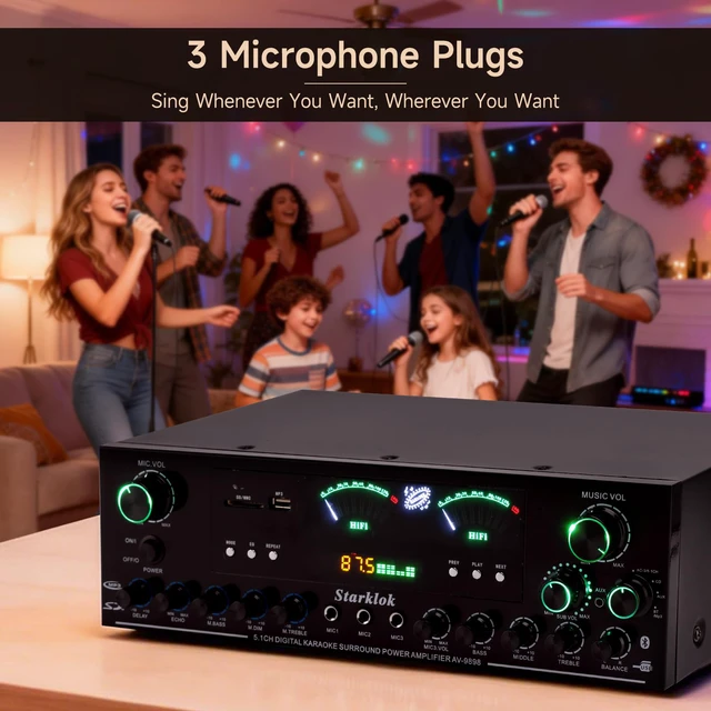 Alt view image 4 of 7 - 3000W Peak 5.1-Channel Home Audio Power Amplifier HiFi Stereo Amplifier with Subwoofer, 3 Microphone Inputs, USB/SD Card Reader, Remote Control for Karaoke & Home Theater