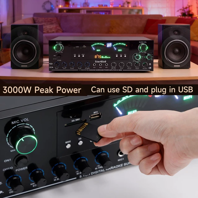 Alt view image 6 of 7 - 3000W Peak 5.1-Channel Home Audio Power Amplifier HiFi Stereo Amplifier with Subwoofer, 3 Microphone Inputs, USB/SD Card Reader, Remote Control for Karaoke & Home Theater