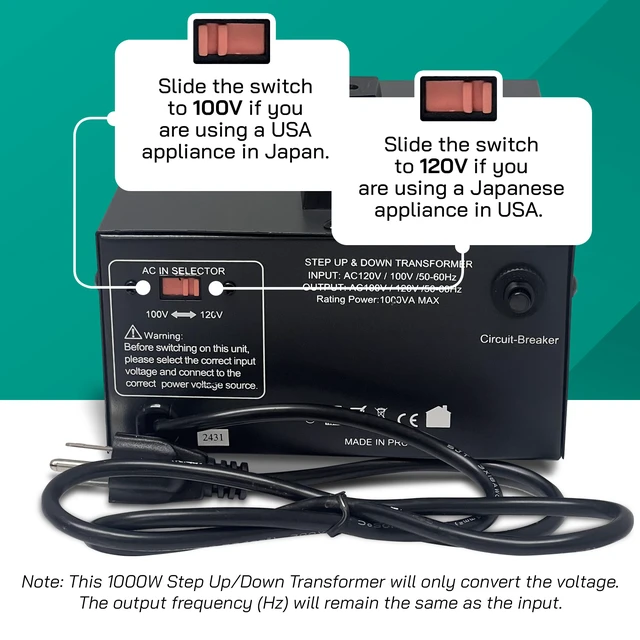Alt view image 5 of 7 - 1000W Step-Up/Step-Down Transformer with Dual Sockets - Premium Copper Coil, Noise Reduction, and Circuit Breaker Protection (JP-1000)