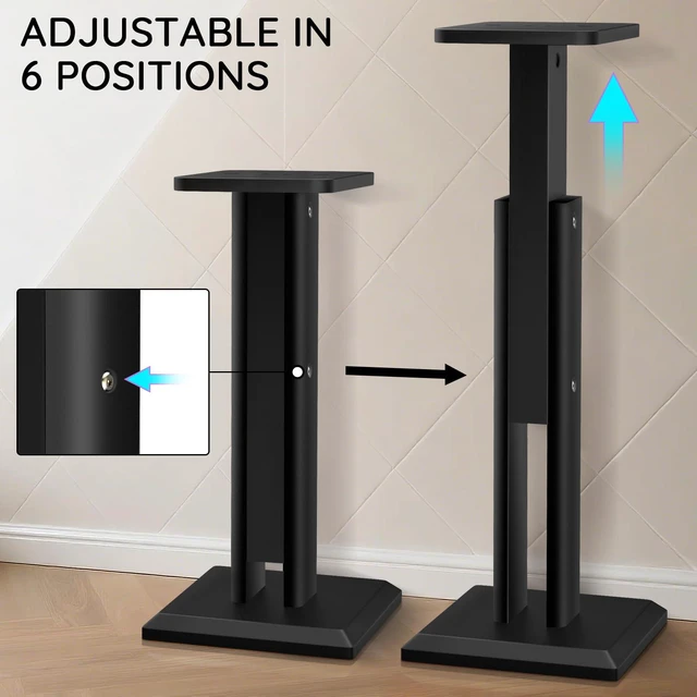 Alt view image 2 of 6 - Wood Speaker Stands Pair 25-34 Inch Height Adjustable (63-84CM), Universal Desktop Floor Speaker Stands Studio Monitor Stands, Enhanced Audio Listening Experience for Home Theater, Black