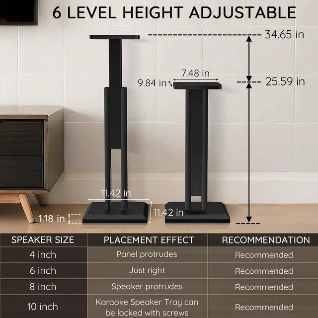Alt view image 3 of 6 - Wood Speaker Stands Pair 25-34 Inch Height Adjustable (63-84CM), Universal Desktop Floor Speaker Stands Studio Monitor Stands, Enhanced Audio Listening Experience for Home Theater, Black