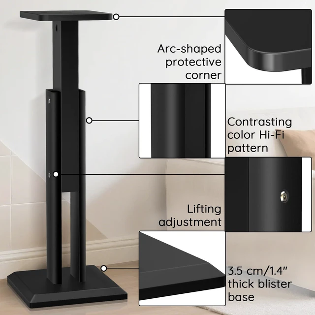 Alt view image 4 of 6 - Wood Speaker Stands Pair 25-34 Inch Height Adjustable (63-84CM), Universal Desktop Floor Speaker Stands Studio Monitor Stands, Enhanced Audio Listening Experience for Home Theater, Black