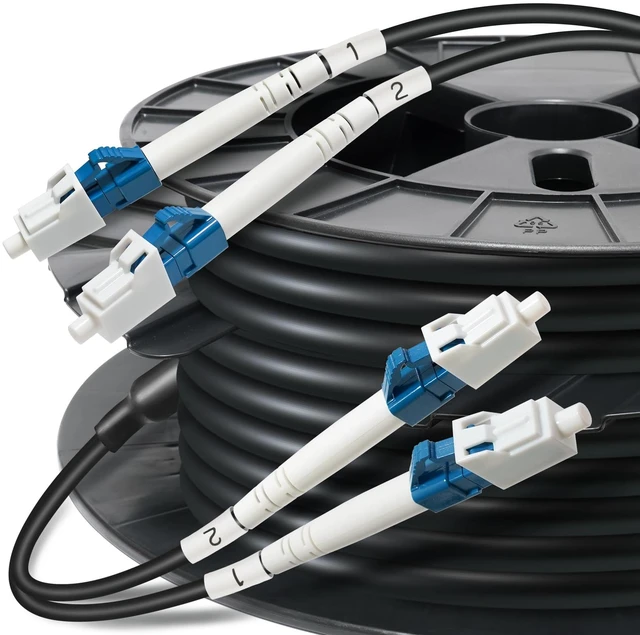 Main image of 400ft All-Dielectric (5.8mm) Aerial/Direct Burial Outdoor Duplex OS2 Single Mode LC Fiber Cable, Double Sheath+2 FRP Strength Fiber Optic Patch Cord, 9/125, Black, Spool