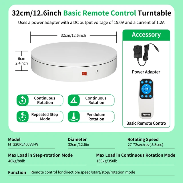 Alt view image 2 of 7 - Remote-Controlled Motorized Electric Turntable,Rotating Display Stand,Speed-Adjustable Rotating Turntable,Multi-Mode 360° Photography Turntable for 3D Scan,Photography,Showcase(12.6inch/White)