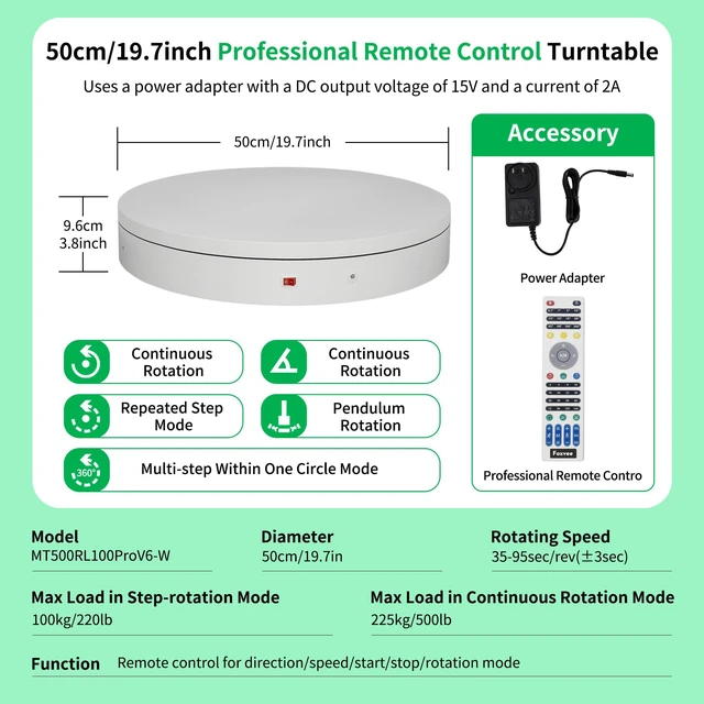 Alt view image 2 of 7 - Remote-Controlled Motorized Electric Turntable,Heavy Duty Rotating Display Stand,Speed-Adjustable Rotating Platform,Multi-Mode Photography Turntable for 3D Scan,Photography(19.7in/White)