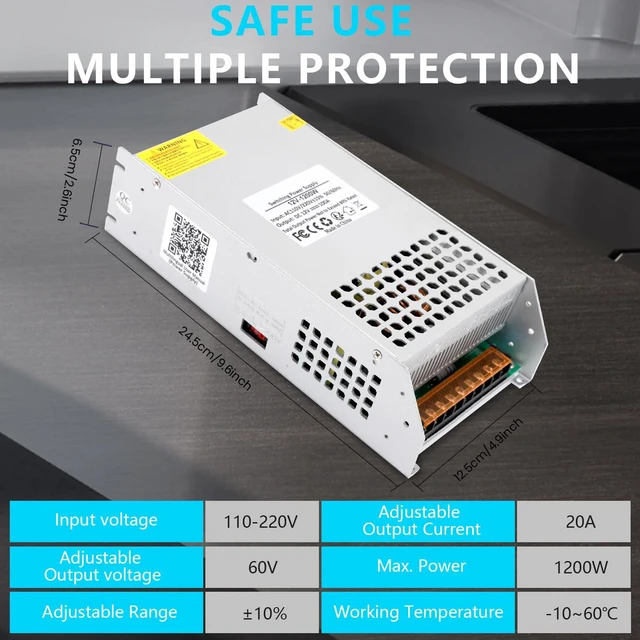 Alt view image 6 of 7 - DC 60V 20A 1200W Power Supply 110V AC to DC 60V Converter 1200W Switch Power Supply Transformer for 60Volt Drive Sensor System Lamp Meter Controller Servo Electric Motor
