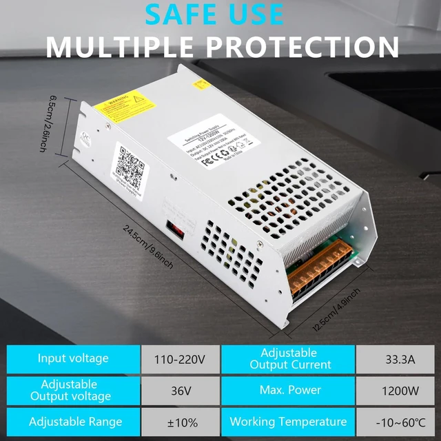 Alt view image 5 of 7 - DC 36V 33.3A 1200W Power Supply, 110V AC to DC 36V Converter 1200w Switch Power Supply Transformer for Winch, Car Jack, LCD Monitor, CCTV, Car Stereo and More
