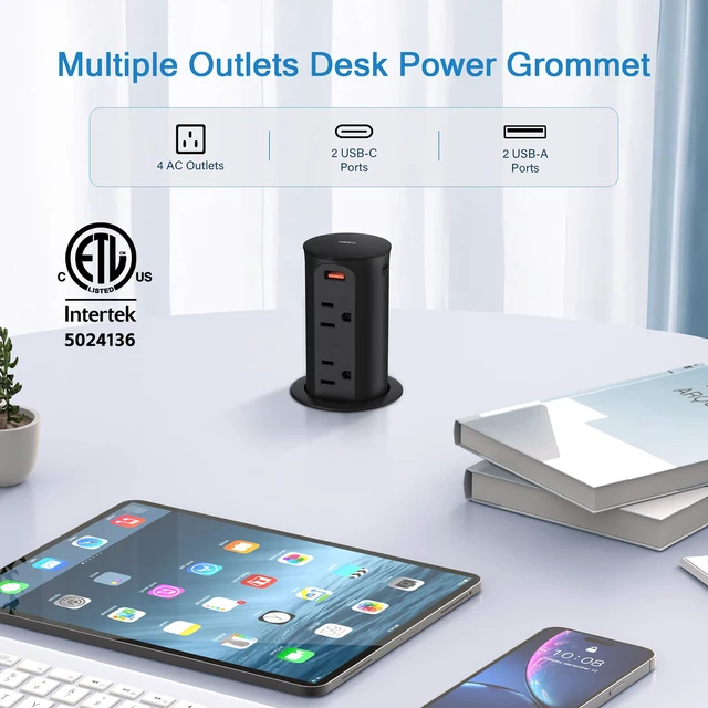 Alt view image 2 of 7 - Pop up Outlet for Countertop,65W USB C Fast Charging Port,2.5-inch Hole Desktop Power Grommet,Recessed Power Strip,4 Outlets 4 USB Ports,15Amp Tamper Resistant ReceptacleETL Listed (Black)