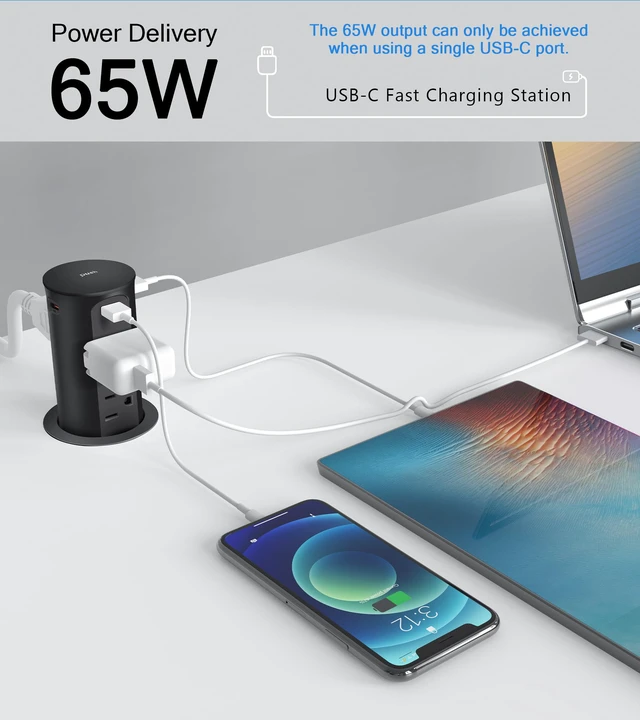 Alt view image 4 of 7 - Pop up Outlet for Countertop,65W USB C Fast Charging Port,2.5-inch Hole Desktop Power Grommet,Recessed Power Strip,4 Outlets 4 USB Ports,15Amp Tamper Resistant ReceptacleETL Listed (Black)