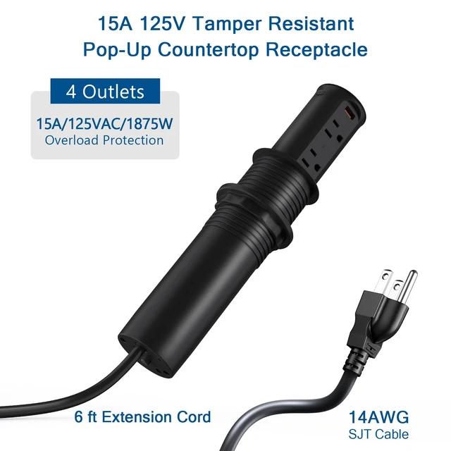 Alt view image 5 of 7 - Pop up Outlet for Countertop,65W USB C Fast Charging Port,2.5-inch Hole Desktop Power Grommet,Recessed Power Strip,4 Outlets 4 USB Ports,15Amp Tamper Resistant ReceptacleETL Listed (Black)