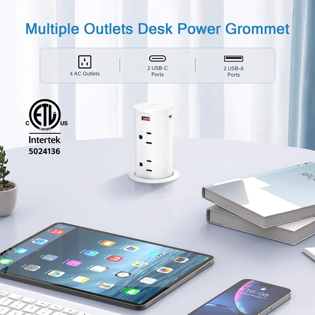 Alt view image 2 of 7 - Pop up Outlet for Countertop,65W USB C Fast Charging Port,2.5-inch Hole Desktop Power Grommet,Recessed Power Strip,4 Outlets 4 USB Ports,15Amp Tamper Resistant Receptacle,ETL Listed (White)