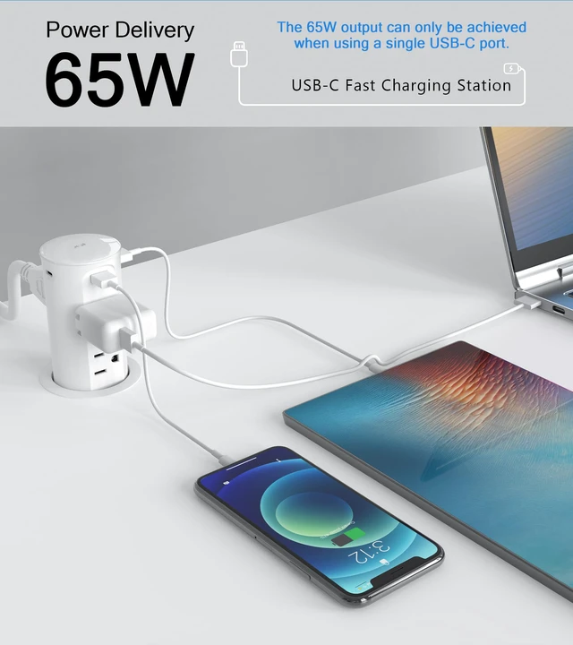 Alt view image 3 of 7 - Pop up Outlet for Countertop,65W USB C Fast Charging Port,2.5-inch Hole Desktop Power Grommet,Recessed Power Strip,4 Outlets 4 USB Ports,15Amp Tamper Resistant Receptacle,ETL Listed (White)