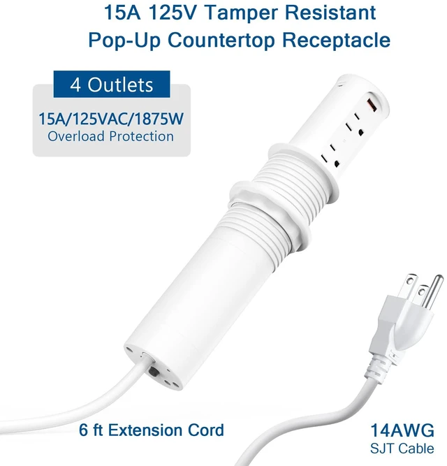 Alt view image 5 of 7 - Pop up Outlet for Countertop,65W USB C Fast Charging Port,2.5-inch Hole Desktop Power Grommet,Recessed Power Strip,4 Outlets 4 USB Ports,15Amp Tamper Resistant Receptacle,ETL Listed (White)