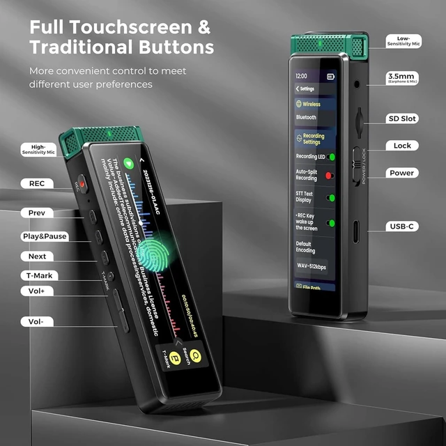 Alt view image 5 of 7 - 8GB Digital Voice Recorder with Playback, Innioasis R1 Full Touchscreen Voice Recorder with Bluetooth, Voice Activated Sound Audio Recorder Device with Mic Green