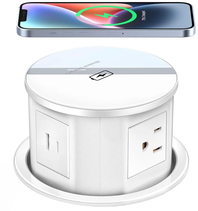Main image of Pop Up Outlet with 15W Wireless Charger, 4 AC Plug 1 USB-A and 1 USB-C, Electrical Desk Power Grommet for Kitchen Countertop, 4.7inch Hidden Recessed Power Strip for Home Office (White)