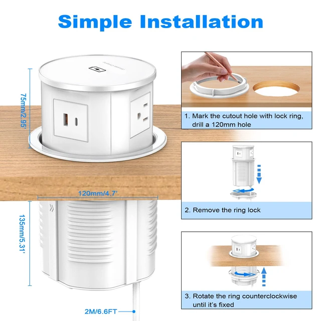 Alt view image 7 of 7 - Pop Up Outlet with 15W Wireless Charger, 4 AC Plug 1 USB-A and 1 USB-C, Electrical Desk Power Grommet for Kitchen Countertop, 4.7inch Hidden Recessed Power Strip for Home Office (White)