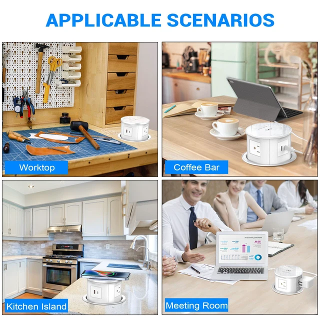 Alt view image 6 of 7 - Pop Up Outlet with 15W Wireless Charger, 4 AC Plug 1 USB-A and 1 USB-C, Electrical Desk Power Grommet for Kitchen Countertop, 4.7inch Hidden Recessed Power Strip for Home Office (White)