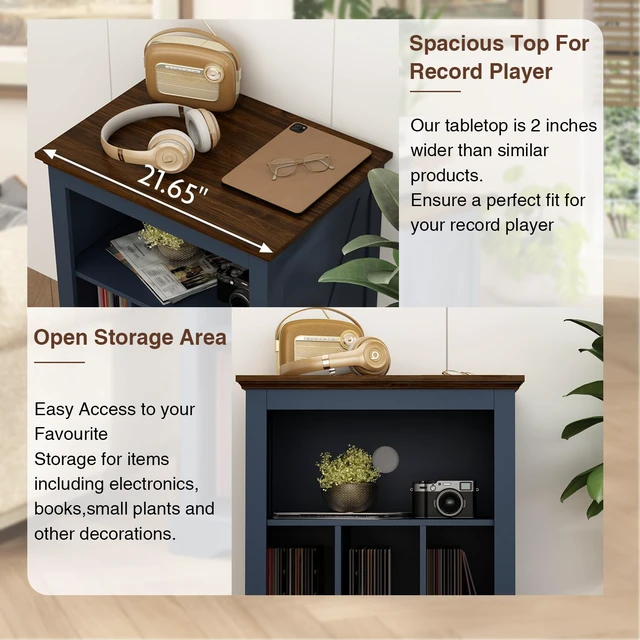 Alt view image 3 of 7 - Record Player Stand with Vinyl Record Storage, Large Wood Turntable Stand Cabinet Dispaly Shelf for Living Room,Bedroom,Office,Blue