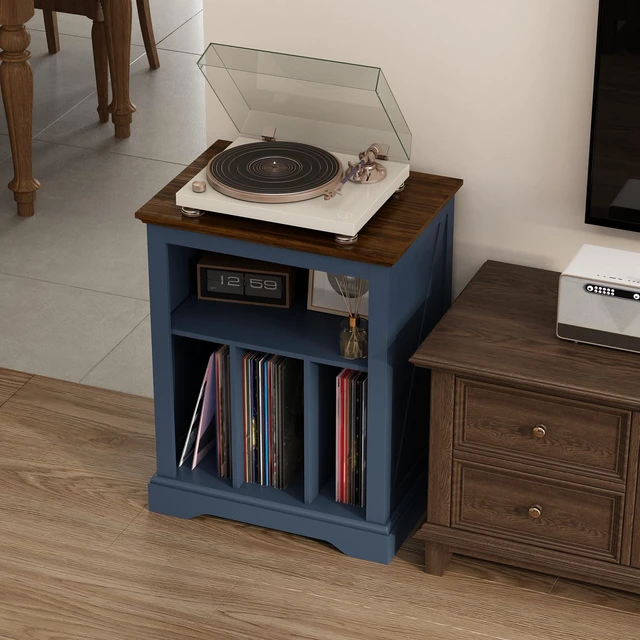 Alt view image 5 of 7 - Record Player Stand with Vinyl Record Storage, Large Wood Turntable Stand Cabinet Dispaly Shelf for Living Room,Bedroom,Office,Blue