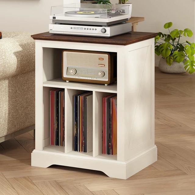 Main image of Farmhouse Record Player Stand, 3 Tier End Table, Turntable Stand with Vinyl Record Storage, Wood Record Holder Cabinet Dispaly Shelf for Living Room,Bedroom,Office,Antique White
