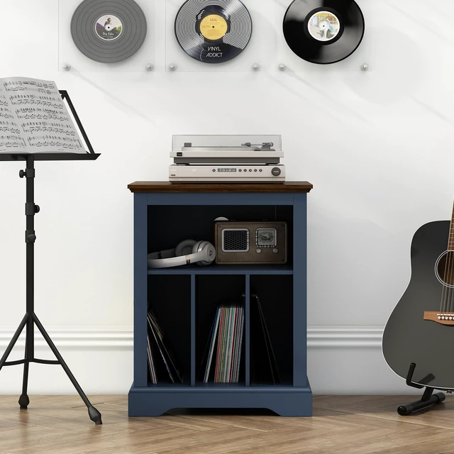 Alt view image 7 of 7 - Record Player Stand with Vinyl Record Storage, Large Wood Turntable Stand Cabinet Dispaly Shelf for Living Room,Bedroom,Office,Blue