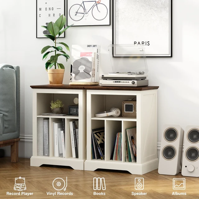 Alt view image 2 of 7 - Farmhouse Record Player Stand, 3 Tier End Table, Turntable Stand with Vinyl Record Storage, Wood Record Holder Cabinet Dispaly Shelf for Living Room,Bedroom,Office,Antique White