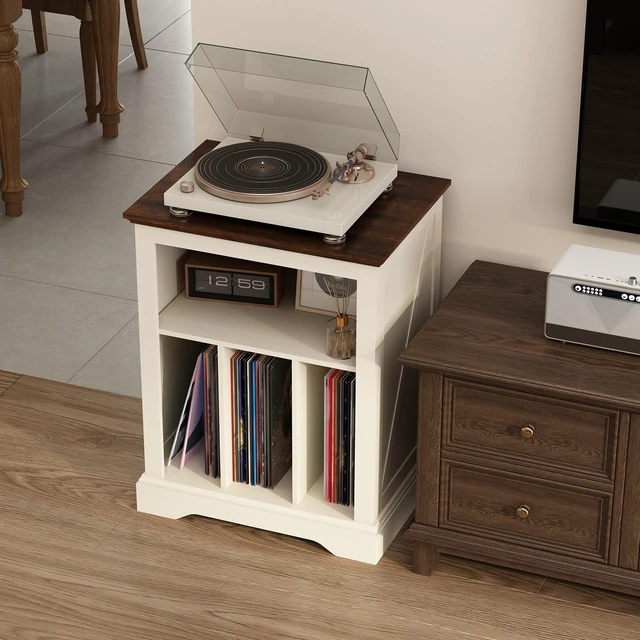 Alt view image 4 of 7 - Farmhouse Record Player Stand, 3 Tier End Table, Turntable Stand with Vinyl Record Storage, Wood Record Holder Cabinet Dispaly Shelf for Living Room,Bedroom,Office,Antique White
