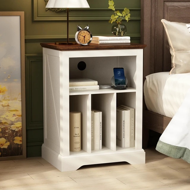 Alt view image 5 of 7 - Farmhouse Record Player Stand, 3 Tier End Table, Turntable Stand with Vinyl Record Storage, Wood Record Holder Cabinet Dispaly Shelf for Living Room,Bedroom,Office,Antique White