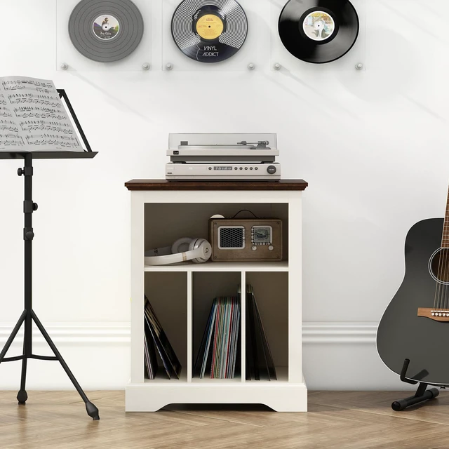 Alt view image 7 of 7 - Farmhouse Record Player Stand, 3 Tier End Table, Turntable Stand with Vinyl Record Storage, Wood Record Holder Cabinet Dispaly Shelf for Living Room,Bedroom,Office,Antique White