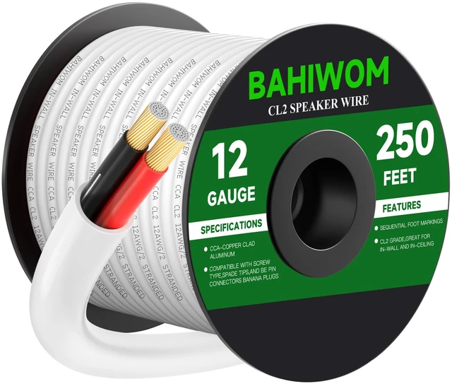 Main image of 12 Gauge 250FT Speaker Wire CCA 2 Conductors Cord CL2 Rated Speaker Cable for Indoor,in-Wall,in-Ceiling,Home Theater & Commercial Audio with White PVC Jacket