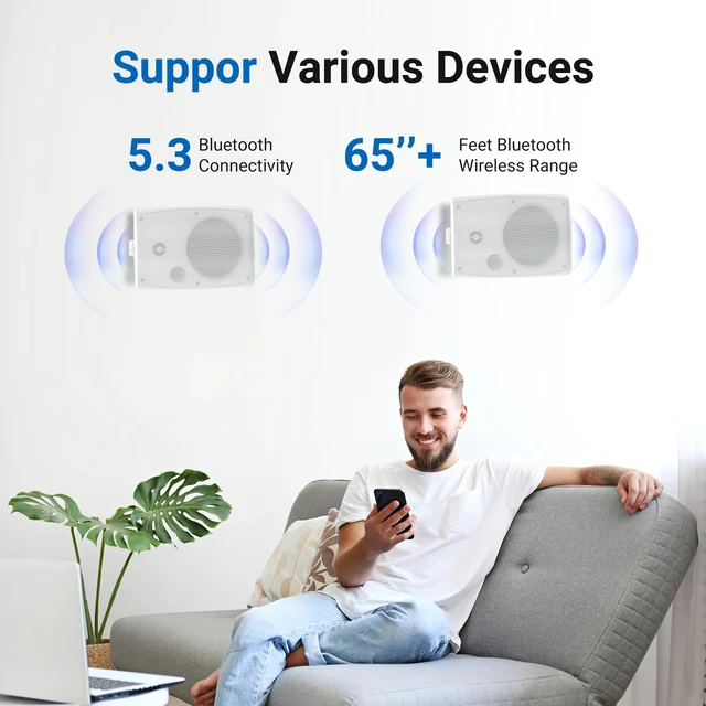 Alt view image 2 of 7 - 4 Inches 200 Watts Outdoor Bluetooth Speakers, Bluetooth 5.3,TWS Stereo Paring,Wall Mount Speaker System Waterproof Suitable for Patio Home Poolside Deck Backyard (Pair, White)