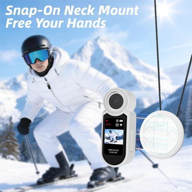 Alt view image 5 of 7 - 2.7K 64G Thumb Action Camera Mini Body Camera with Magnetic Lanyard for Hands-Free POV Vlogging Outdoor Sports Recording Video Camera for Cycling, Traveling, Running (White)