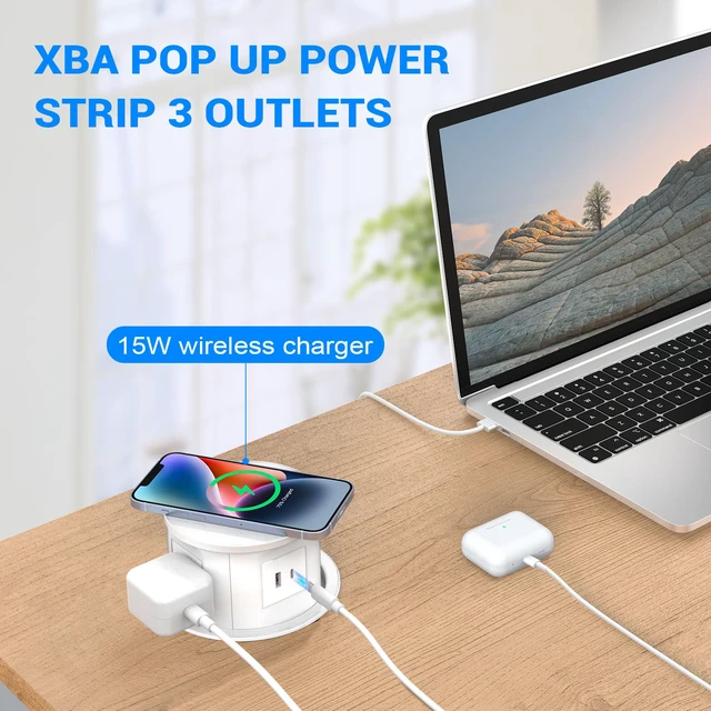 Alt view image 2 of 7 - Pop Up Outlet with 15W Wireless Charger, 4 AC Plug 1 USB-A and 1 USB-C, Electrical Desk Power Grommet for Kitchen Countertop, 4.7inch Hidden Recessed Power Strip for Home Office (White)