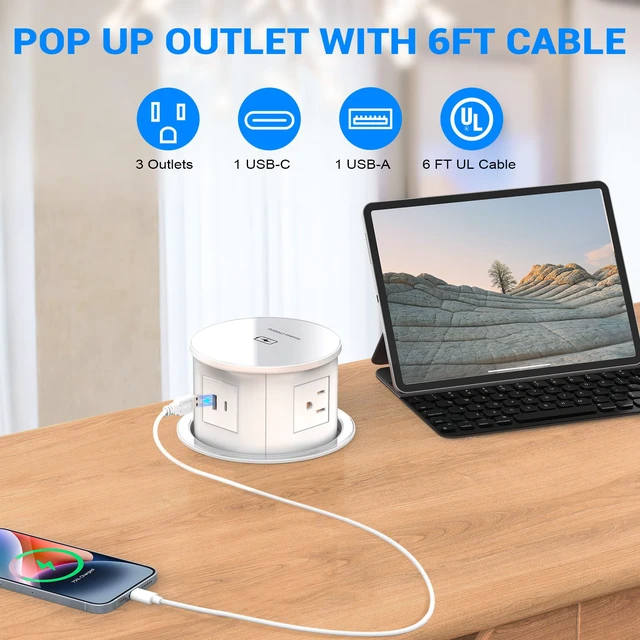 Alt view image 3 of 7 - Pop Up Outlet with 15W Wireless Charger, 4 AC Plug 1 USB-A and 1 USB-C, Electrical Desk Power Grommet for Kitchen Countertop, 4.7inch Hidden Recessed Power Strip for Home Office (White)