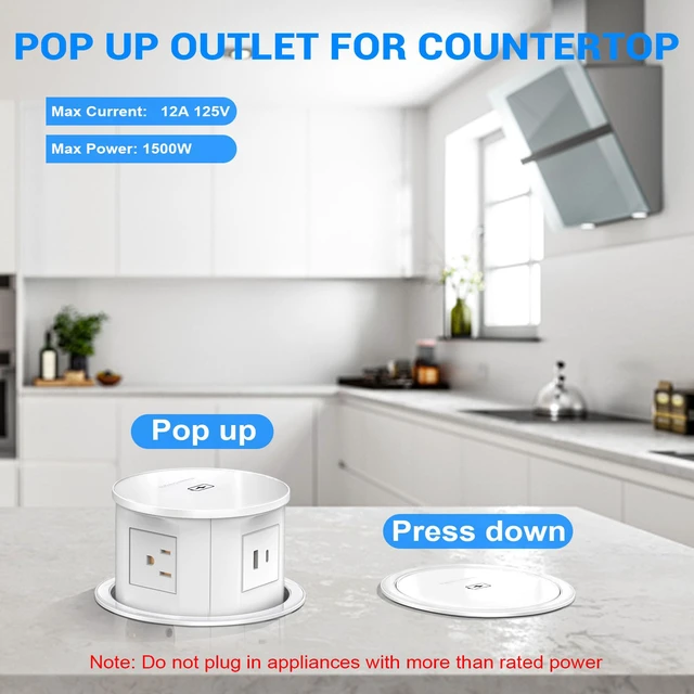 Alt view image 4 of 7 - Pop Up Outlet with 15W Wireless Charger, 4 AC Plug 1 USB-A and 1 USB-C, Electrical Desk Power Grommet for Kitchen Countertop, 4.7inch Hidden Recessed Power Strip for Home Office (White)
