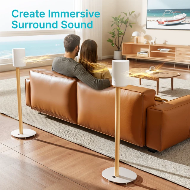 Alt view image 3 of 7 - Speaker Stands Pair for SONOS Era 100 and Era 300,11LBS Capacity,30.6" Fixed Height Floor Stand with Cable Management,Large Base with Two Feet Avaliable,Wooden Speaker Mount,White