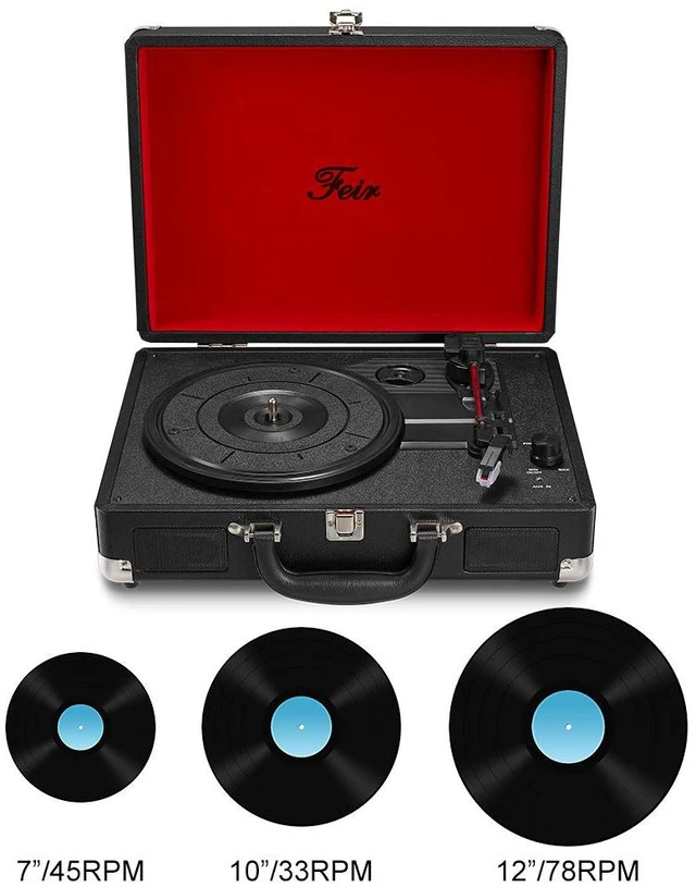 Alt view image 2 of 7 - Vinyl Record Player with Speakers 3 Speed Portable Turntable Suitcase Built in 2 Speakers RCA Line Out AUX Headphone Jack -Black