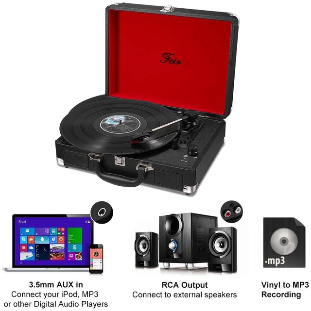 Alt view image 4 of 7 - Vinyl Record Player with Speakers 3 Speed Portable Turntable Suitcase Built in 2 Speakers RCA Line Out AUX Headphone Jack -Black