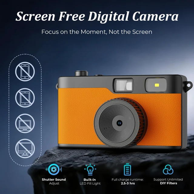 Alt view image 2 of 7 - Screen Free Digital Camera, Reusable 12MP Vintage Digital Camera with Unlimited DIY Filters, OTG Support and Flash Light for Summer Camp with 8GB Micro SD Card, OTG Adapter and Type-C CableOrange