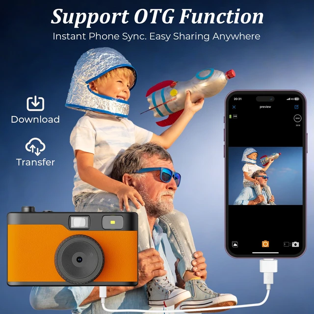 Alt view image 4 of 7 - Screen Free Digital Camera, Reusable 12MP Vintage Digital Camera with Unlimited DIY Filters, OTG Support and Flash Light for Summer Camp with 8GB Micro SD Card, OTG Adapter and Type-C CableOrange