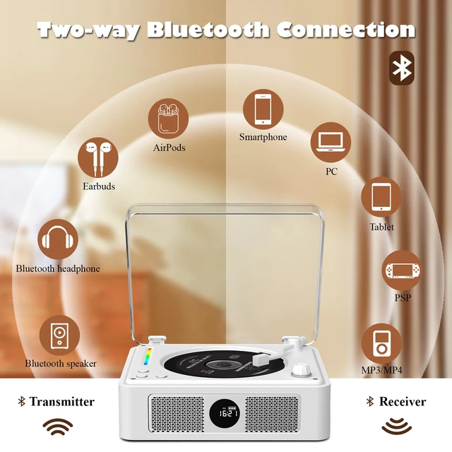 Alt view image 4 of 7 - Retro Wooden CD Player for Home, Bluetooth Portable CD Player with Dual HiFi Speakers, 2600mAh Rechargeable CD Player for Home with Remote Control,Support SPDIF, USB/AUX,Headphone Jack,Optical Brown