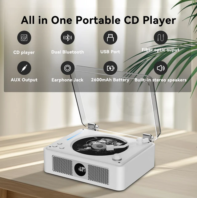 Alt view image 7 of 7 - Retro Wooden CD Player for Home, Bluetooth Portable CD Player with Dual HiFi Speakers, 2600mAh Rechargeable CD Player for Home with Remote Control,Support SPDIF, USB/AUX,Headphone Jack,Optical Brown