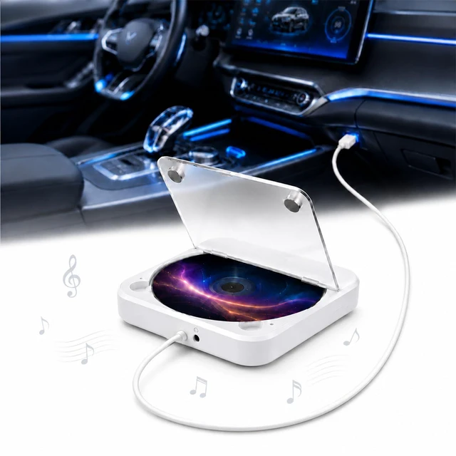 Main image of Portable Car CD Player, Plug & Play CD Player for Car, Anti-Skip, USB & AUX Compatible, Works with Laptop/Desktop/TV(White)