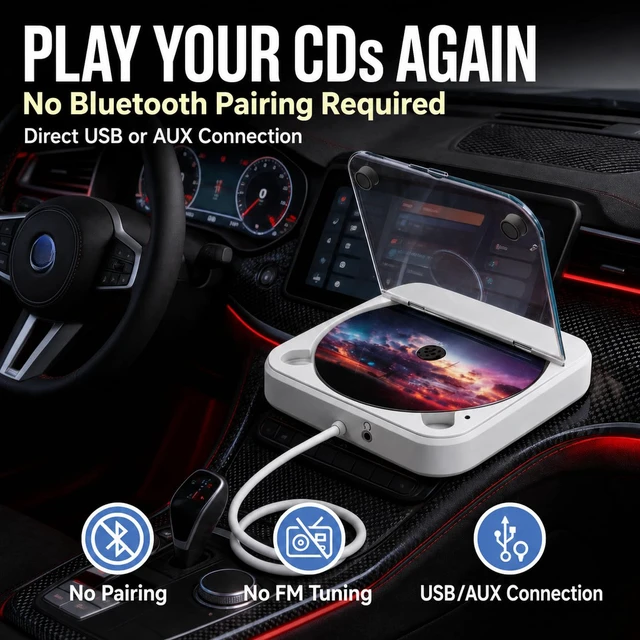 Alt view image 2 of 7 - Portable Car CD Player, Plug & Play CD Player for Car, Anti-Skip, USB & AUX Compatible, Works with Laptop/Desktop/TV(White)