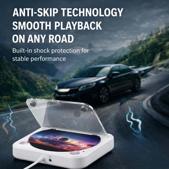 Alt view image 6 of 7 - Portable Car CD Player, Plug & Play CD Player for Car, Anti-Skip, USB & AUX Compatible, Works with Laptop/Desktop/TV(White)