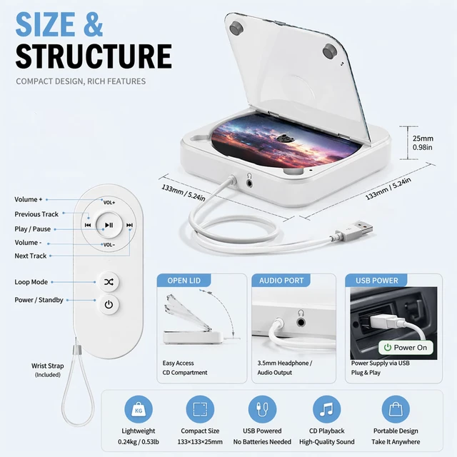 Alt view image 7 of 7 - Portable Car CD Player, Plug & Play CD Player for Car, Anti-Skip, USB & AUX Compatible, Works with Laptop/Desktop/TV(White)