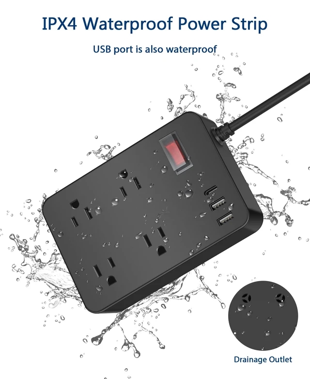 Alt view image 3 of 7 - Outdoor Power Strip Weatherproof,Fast Charging Station 20W USB C,Waterproof Surge Protector 4 Outlets, Multi Outlet Extension for Camping, Garden, Kitchen,Bathroom,Flat Plug (Black, 25 FT Cable)
