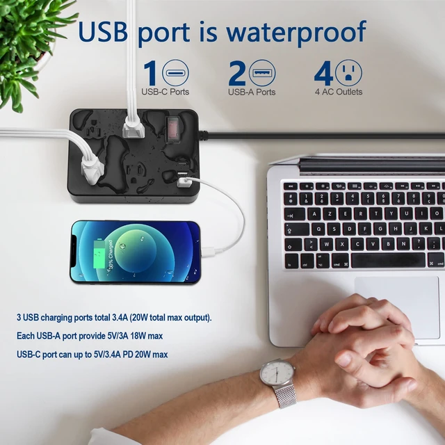 Alt view image 4 of 7 - Outdoor Power Strip Weatherproof,Fast Charging Station 20W USB C,Waterproof Surge Protector 4 Outlets, Multi Outlet Extension for Camping, Garden, Kitchen,Bathroom,Flat Plug (Black, 25 FT Cable)