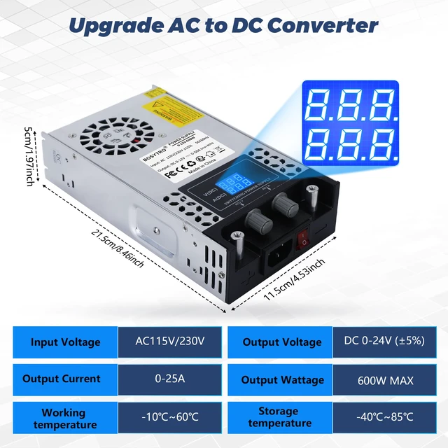 Alt view image 2 of 7 - AC to DC Converter 110V-12V DC Power Supply Adjustable 0-24V 0-25A SMPS Max 600W Switching Power Supply for Led Strip, Motor Pump, CCTV, 3D Printer, Lab Computer